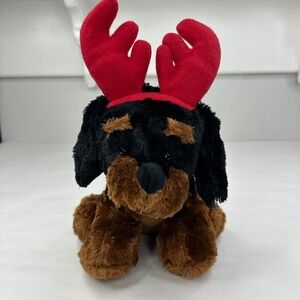 Best Made Toys Black Brown Dog Plush Red Reindeer Antlers Christmas Holiday 13"